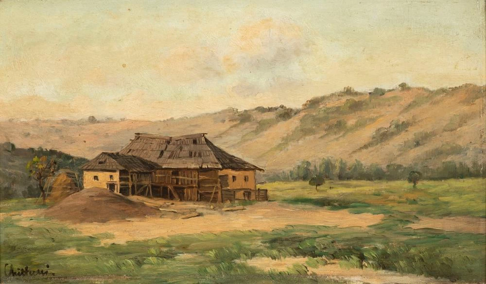 Paesaggio con una casa di legno